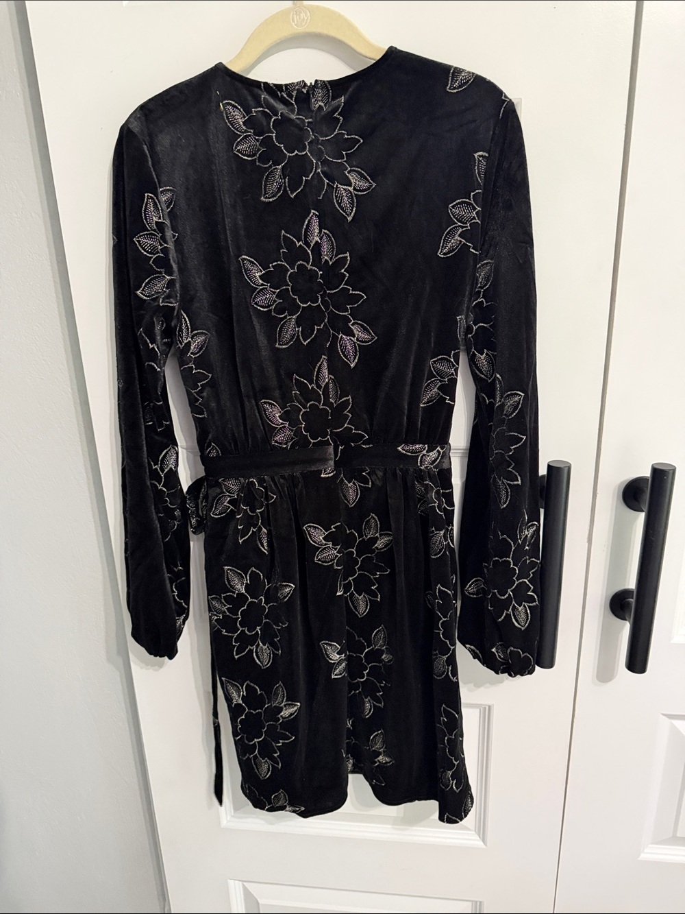 saltwater LUXE Black Floral Velvet Wrap Dress with Silver Embroidery - Picture 4 of 5